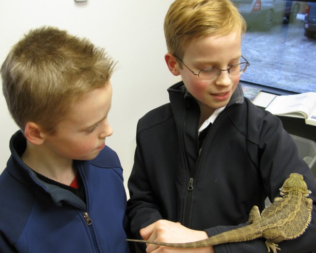 Sam Holding A Lizard With Nik Looking On