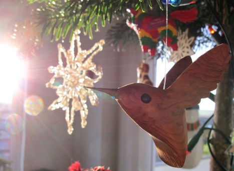 Wooden Hummingbird Christmas Ornament, Crocheted Snowflake, Christmas Tree