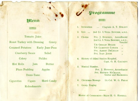 Christmas Menu 1942 152nd Station Hospital