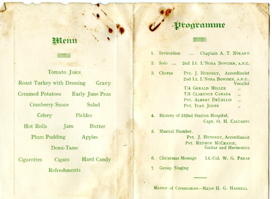 Christmas Menu 1942 152nd Station Hospital